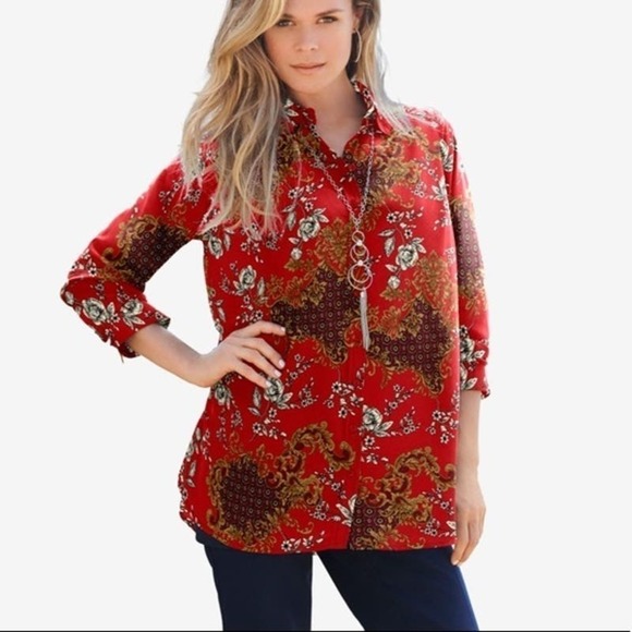 Roaman's Tops - Roaman's Georgette Semi Sheer Longline Floral Blouse Plus Size Flowy Loose 36W